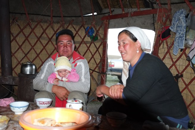 The inside of a dining yurt: for dinner we had soup with vegetables and mutton meat served with bread and washed down with enormous amounts of chai