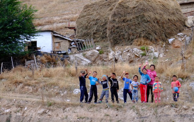 Happy children along the road