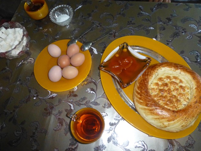 Typical breakfast: eggs, bread and self-made jam served with black tea and sometimes coffee