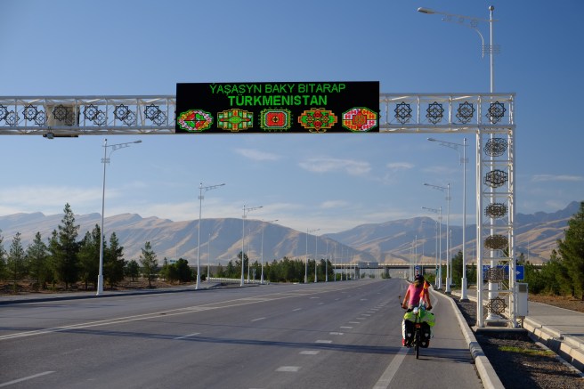 Finally leaving the capital. The sign indicates the five Turkmen provinces